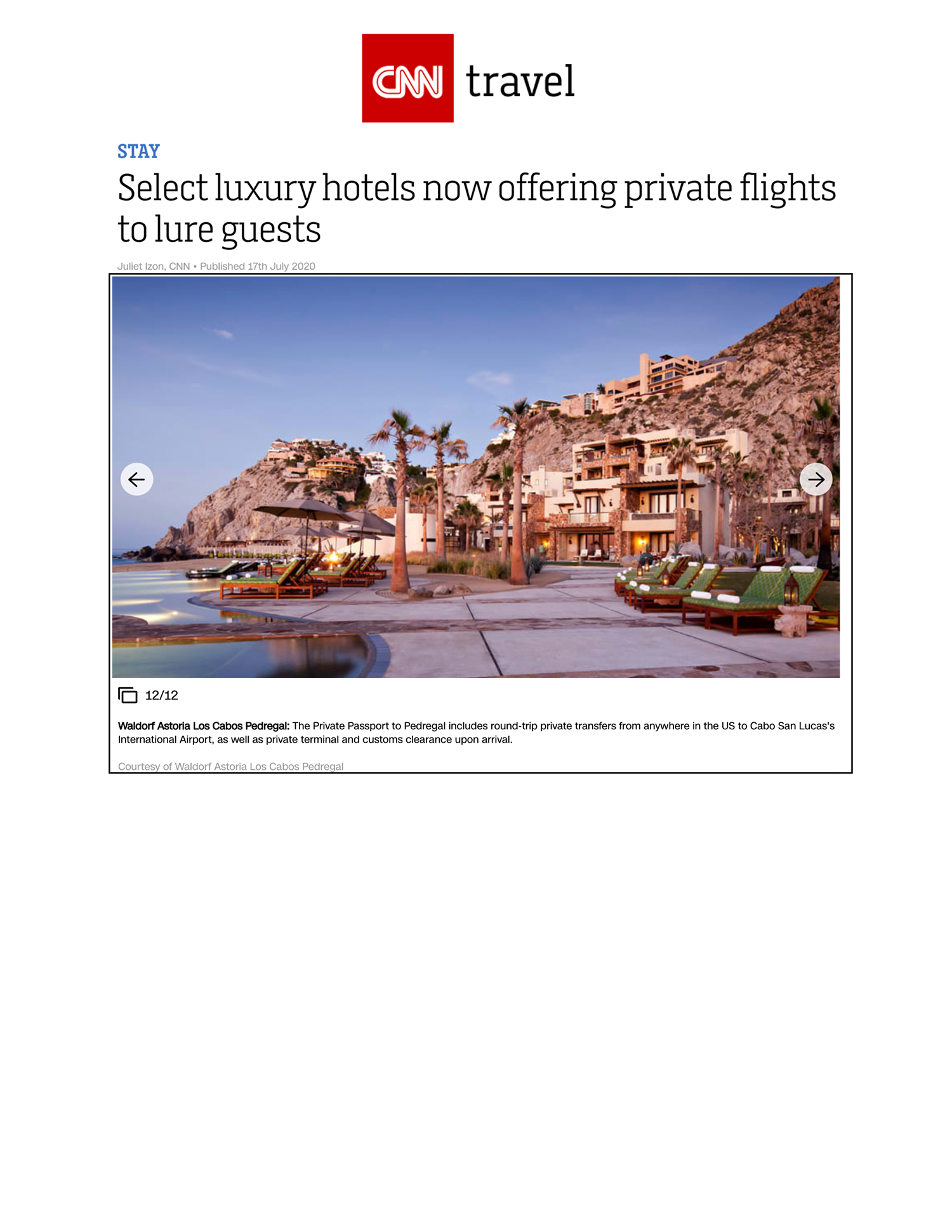 CNN Travel Article Luxury Hotels Offer Private Jets