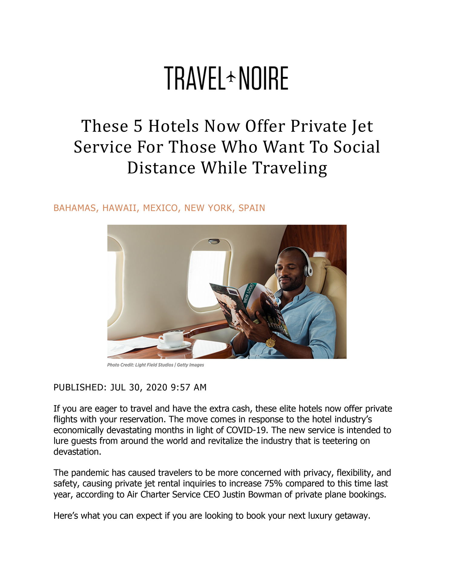 Travel Noire Article Hotels Offering Private Jets