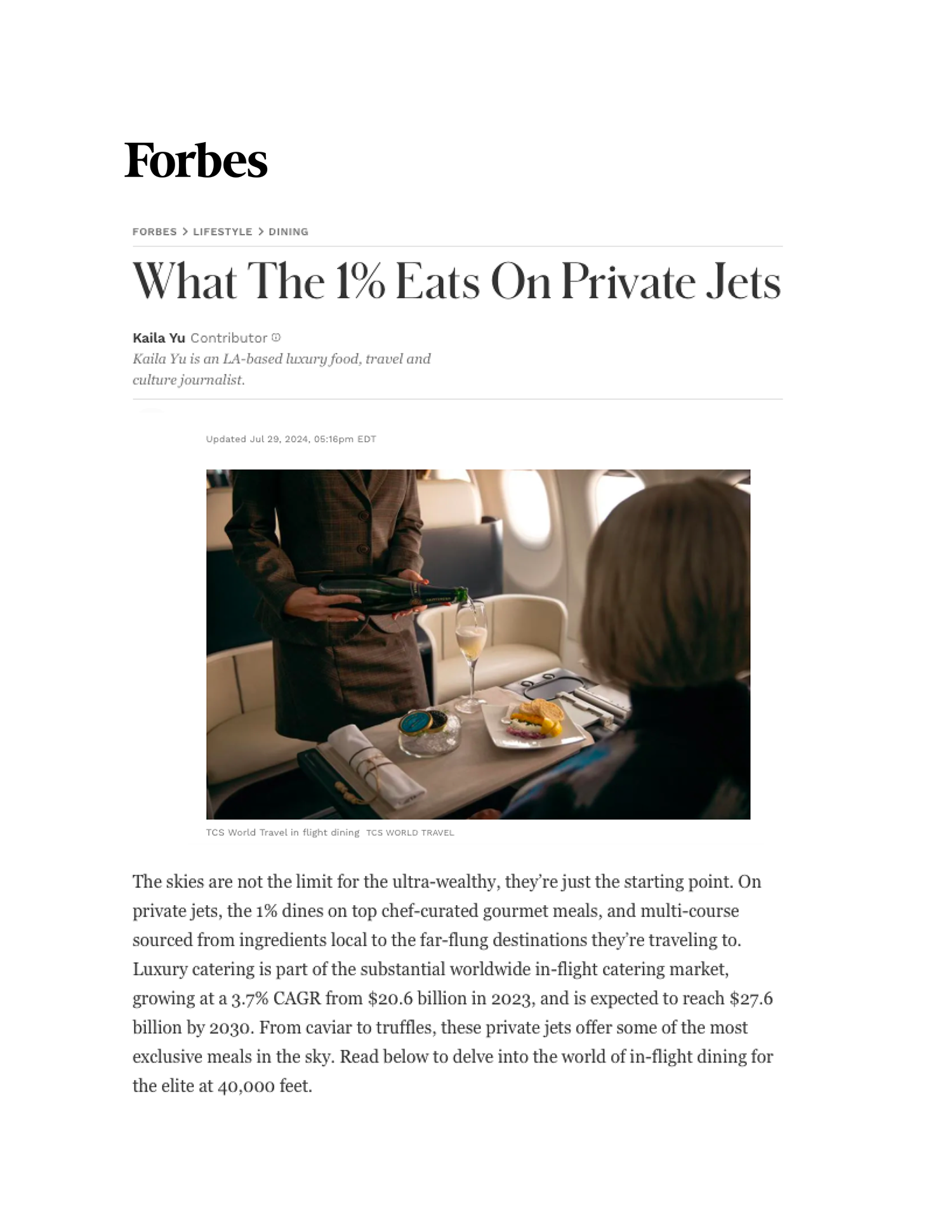 Forbes Article What the 1% Eat on Private Jets