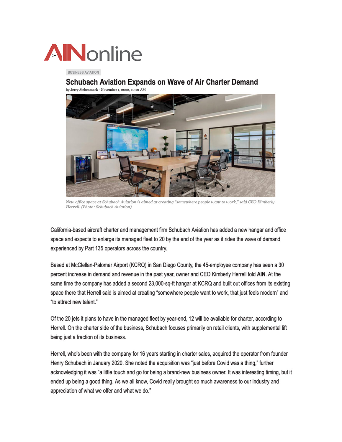 AIN Article Schubach Aviation Expands