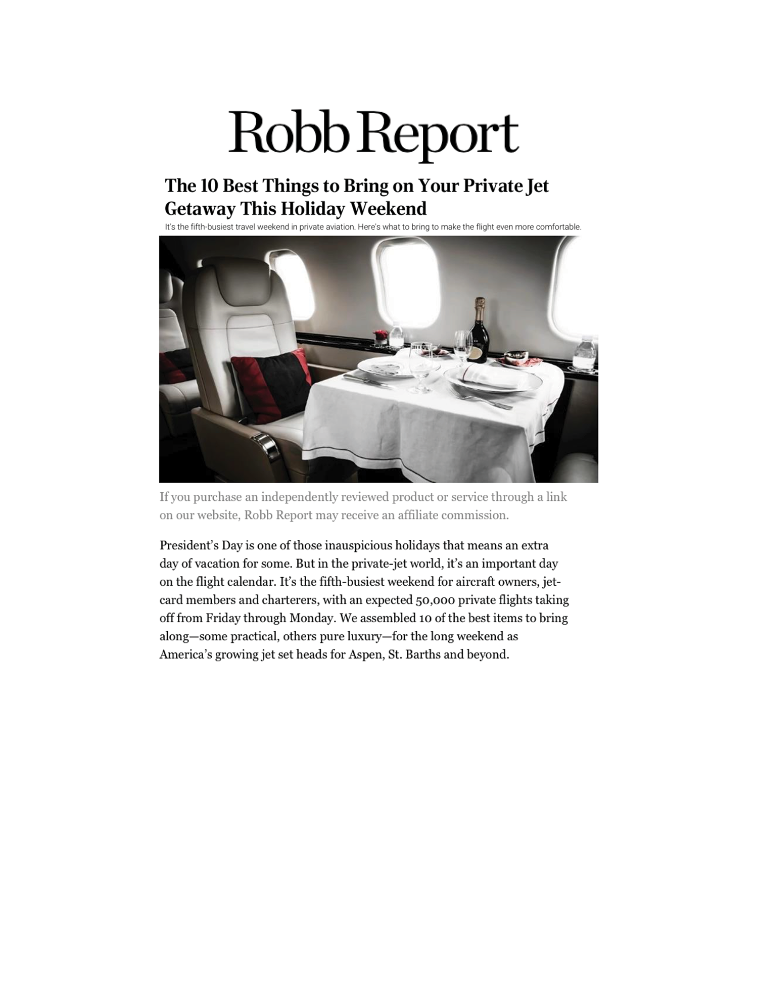 Robb Report Article 10 Things to Bring on a Private Jet Holiday